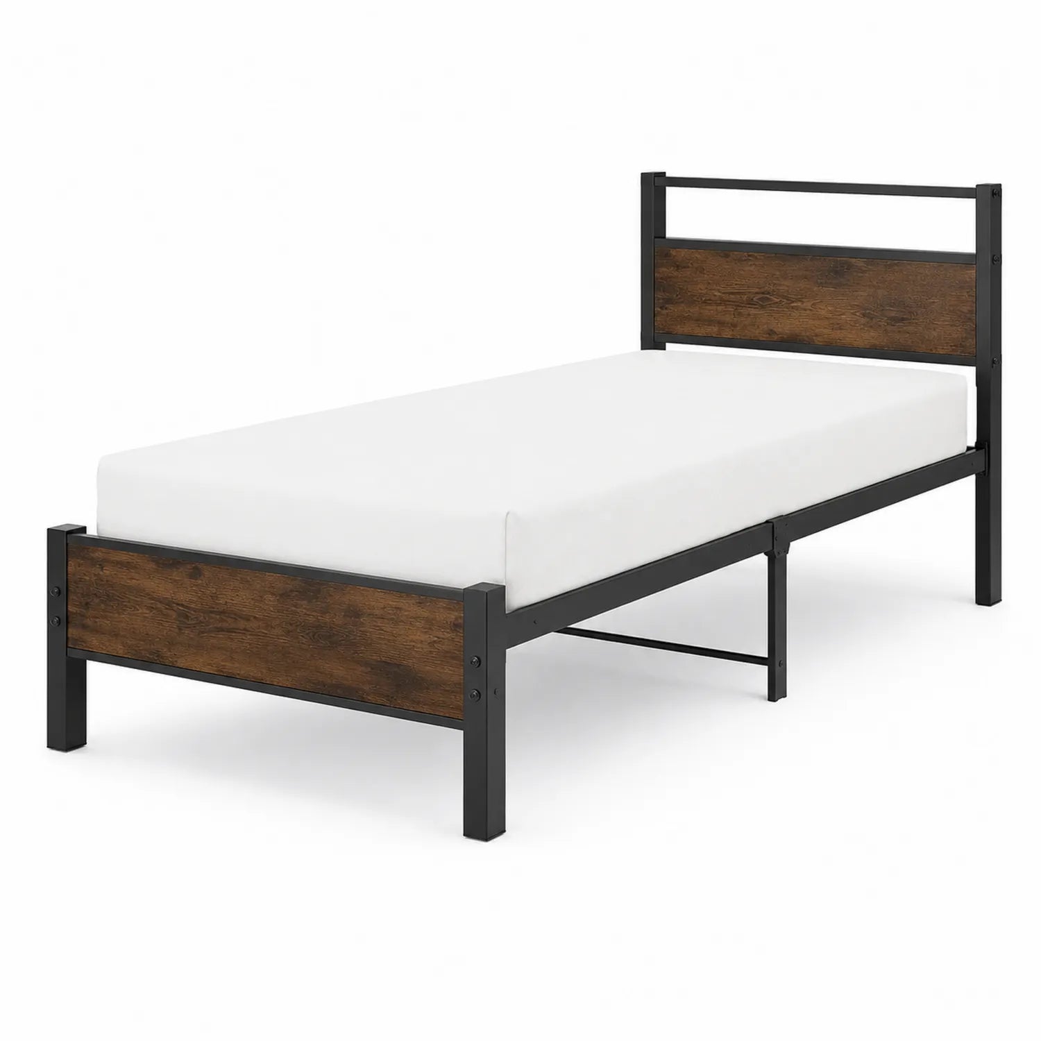 Łóżko metalowe z płytą MDF pojedyncze czarny/brązowy 200x90 cm