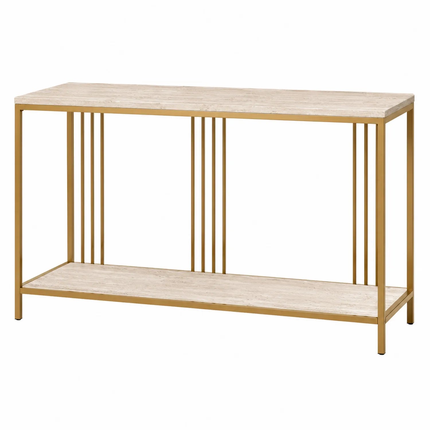 Konsola z blatem z trawertynu i złotym metalowym stelażem 120x40x80 cm