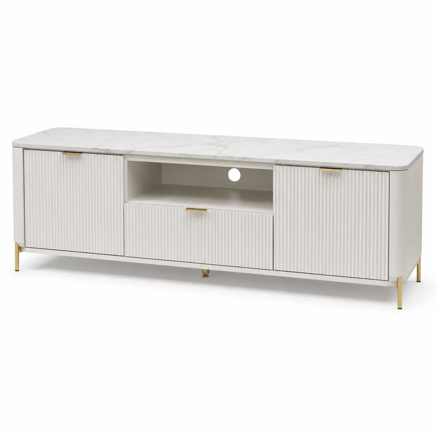 Szafka RTV drewniana z blatem z marmuru biała 180x40x60 cm
