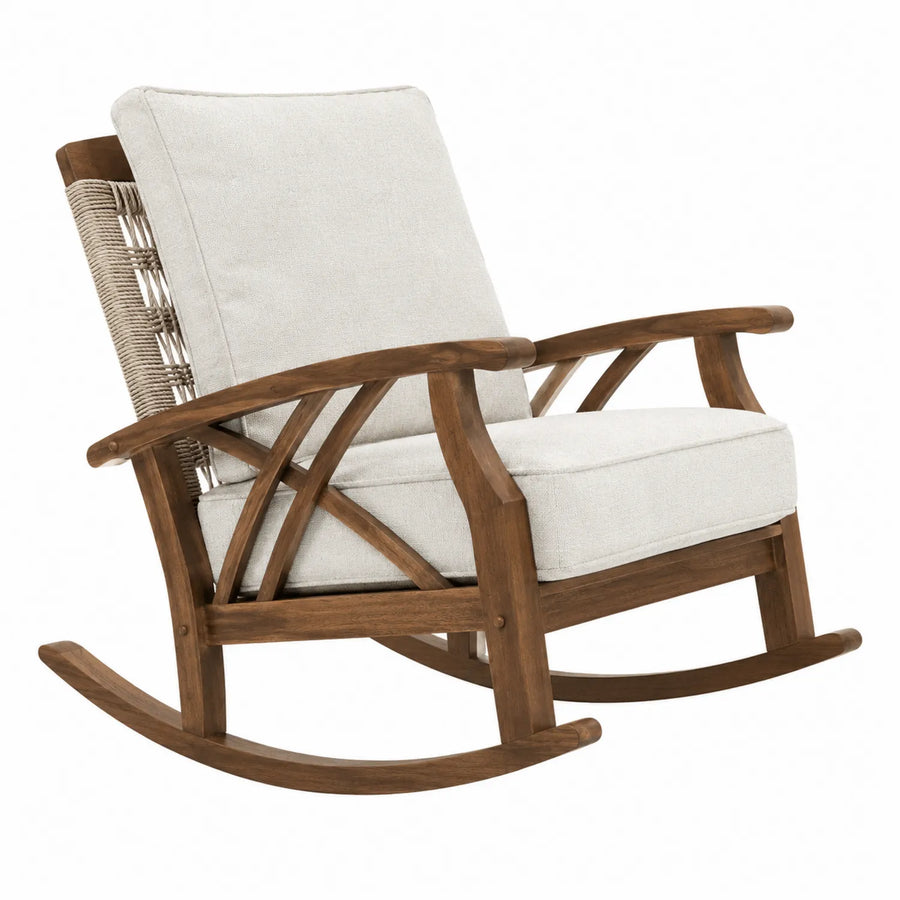 Fotel bujany drewniany teak beżowy